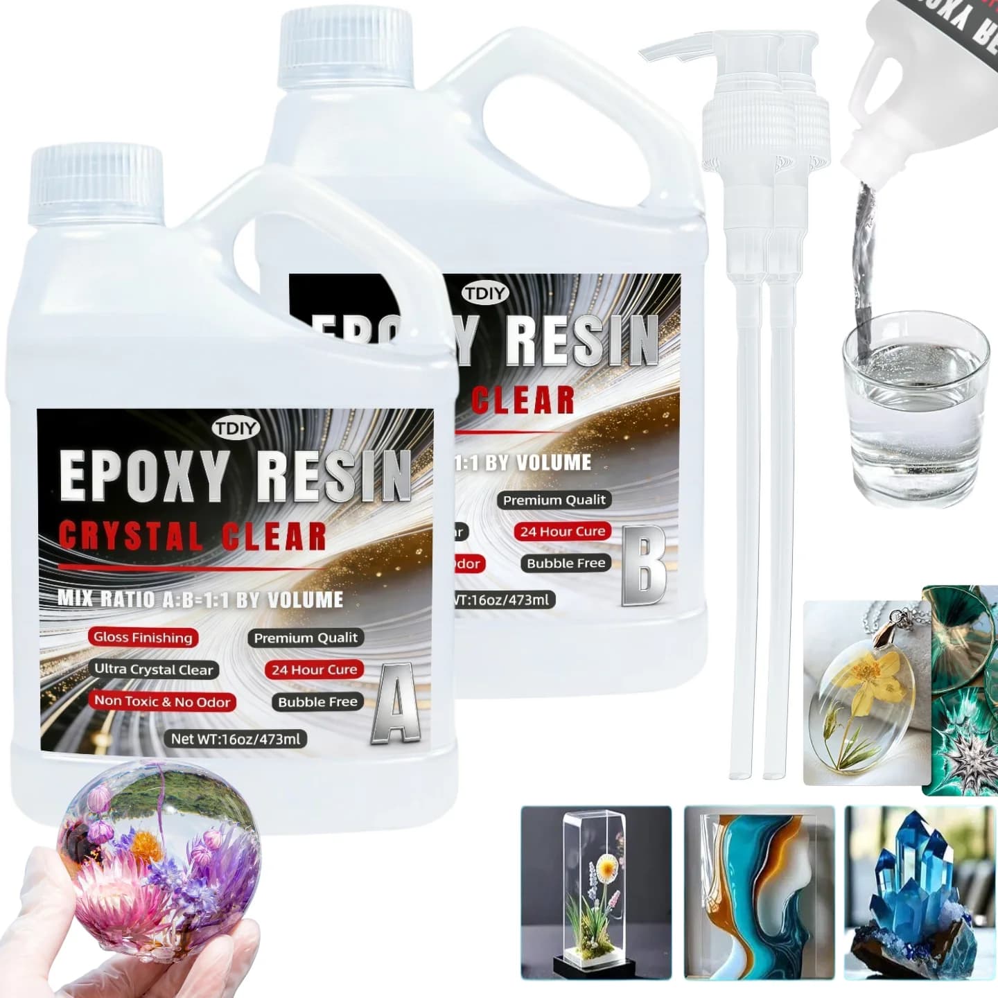 Kit Resina Epossidica Cristallina 1:1, Alta Lucentezza e Senza Bolle, Forniture per Resina Artistica per Rivestimenti e Colate, Creazione di Gioielli Fai-da-Te
