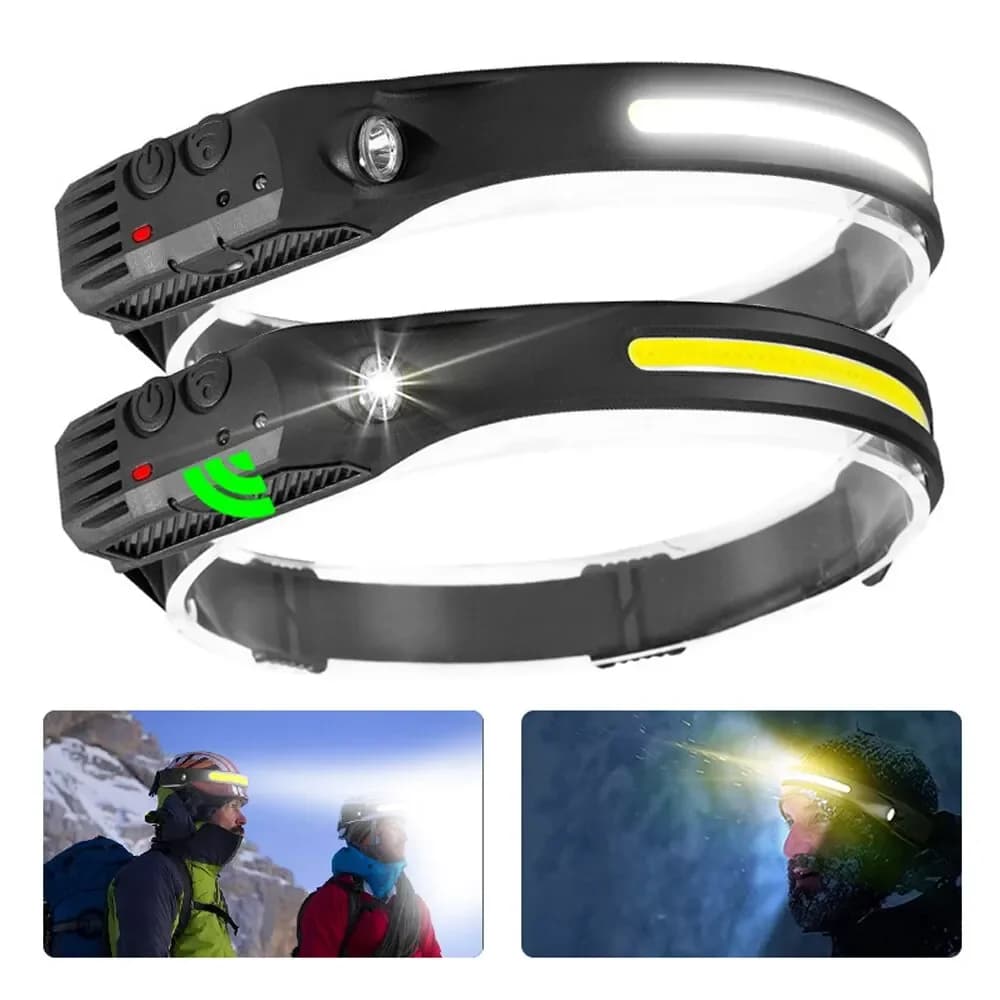 Torcia LED COB Lampada frontale ricaricabile USB con sensore di spazzamento manuale 5 modalità di illuminazione Torcia frontale Lampada da lavoro per pesca da campeggio