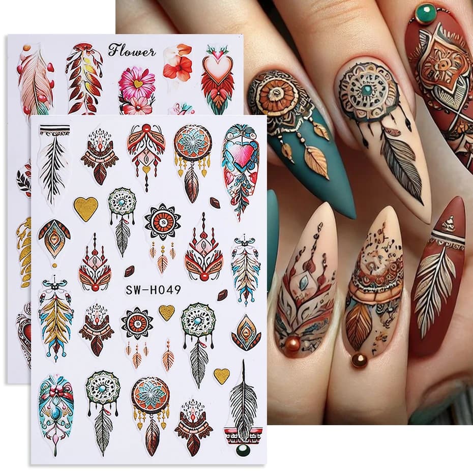 2pcs Bohemian Nail Sticker 3D Bronzing Heart Dreamcatcher Retro Petals Design Adhesive Nail Decal DIY Manicure Slider Decoration