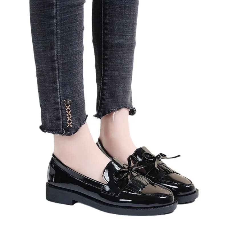 Scarpe da Donna in Pelle Verniciata, Mocassini Britannici con Nappine, Scarpe Basse Casual Femminili con Fiocco, Comode Calzature in Pelle