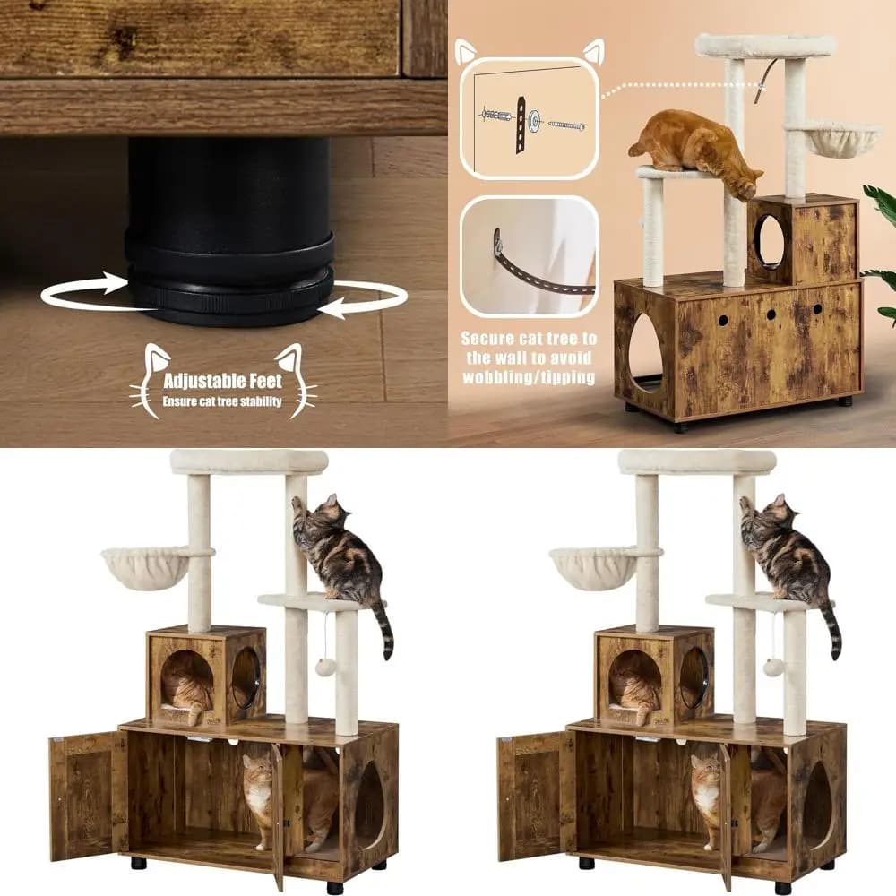 53 Torre alta per gatti con lettiera in legno, Condo 2 in 1, tiragraffi e persico per gatti di grandi dimensioni da interno, marrone rustico/beige