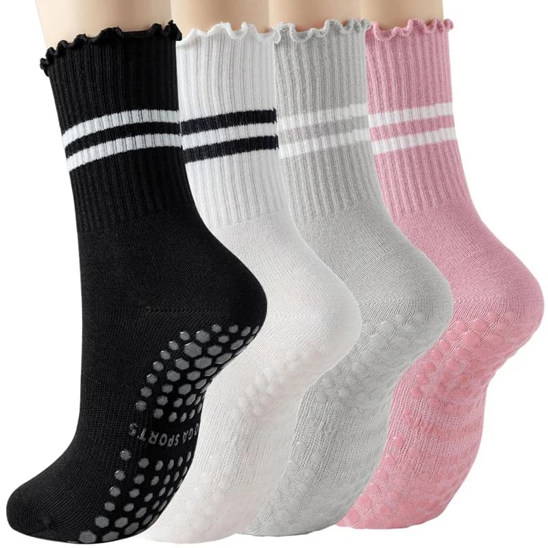 4 Yawlsow Antiskid Socks Paia for Women's Pilates, Yoga Socks with Carinthian Volant, Cotton Sports Socks for Barre