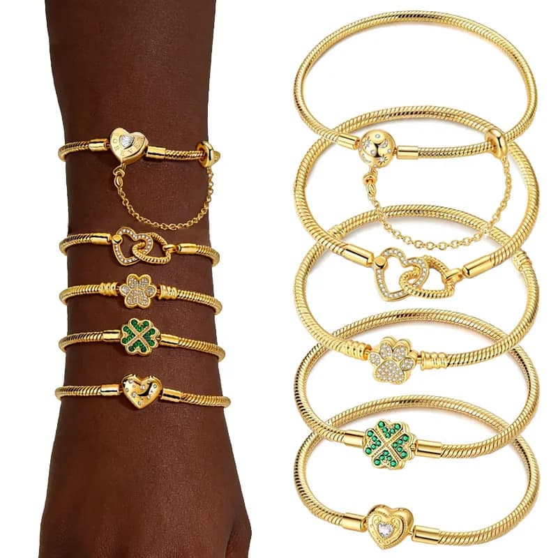 Bracciale con catena di sicurezza a forma di cuore con quadrifoglio squisito in argento sterling 925 color oro, regalo fai da te per gioielli da donna