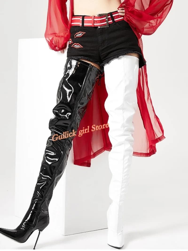 High Thigh Boots in Patent Leather Stiletto Heel High Thin Heel Metal Heels Hinge Over Knee Elegant Hand-made Solid Shoes