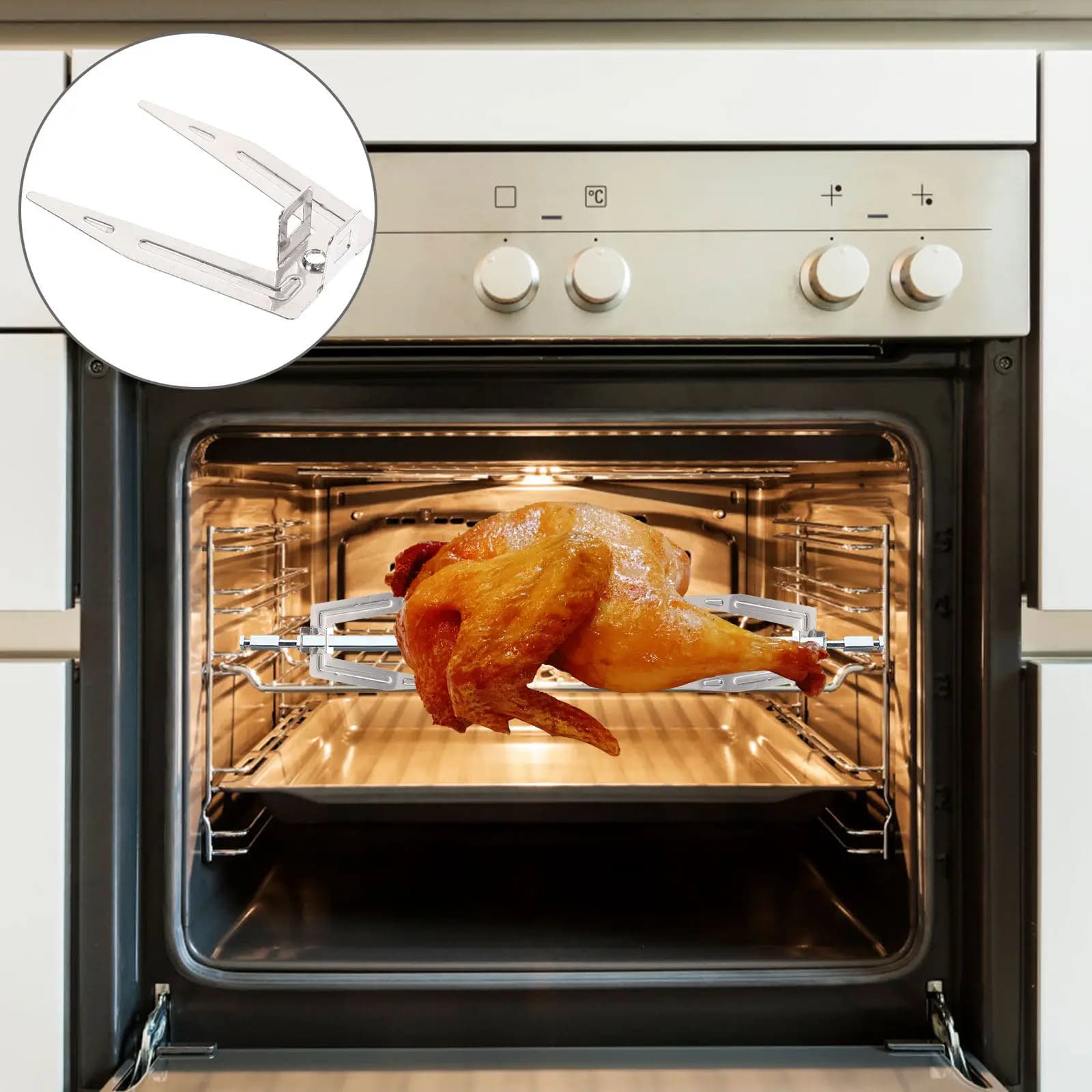 Set di 4 Forchette Rotanti in Acciaio Inox per Pollo, Accessori per Forno e Friggitrice ad Aria, Aste per Cottura BBQ, Utensili da Cucina