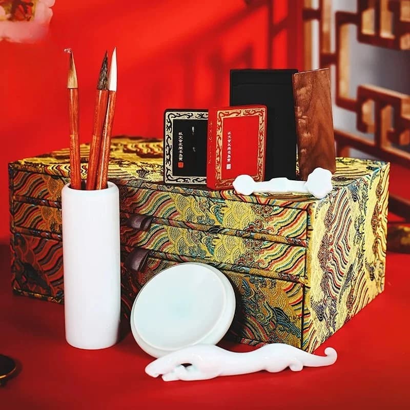 Study Four Treasures Calligraphy Chinese Painting Brush Ingot Porcelain Set Gift Box