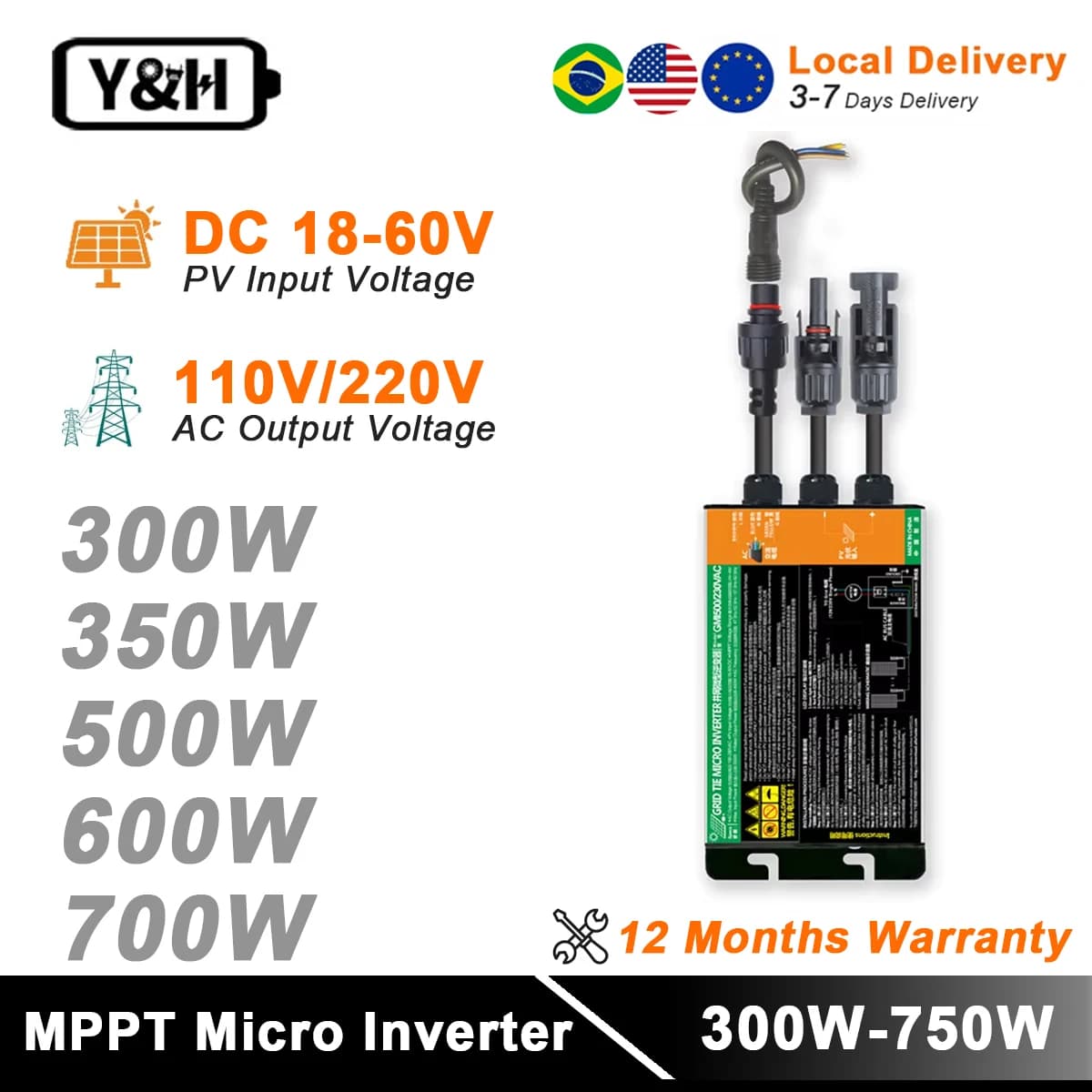 Y&H 700W 600W 500W 350W 300W Grid Tie solare Micro inverter Ingresso MPPT DC26V-60V Uscita fotovoltaica AC110V-240V Sistema solare domestico su rete