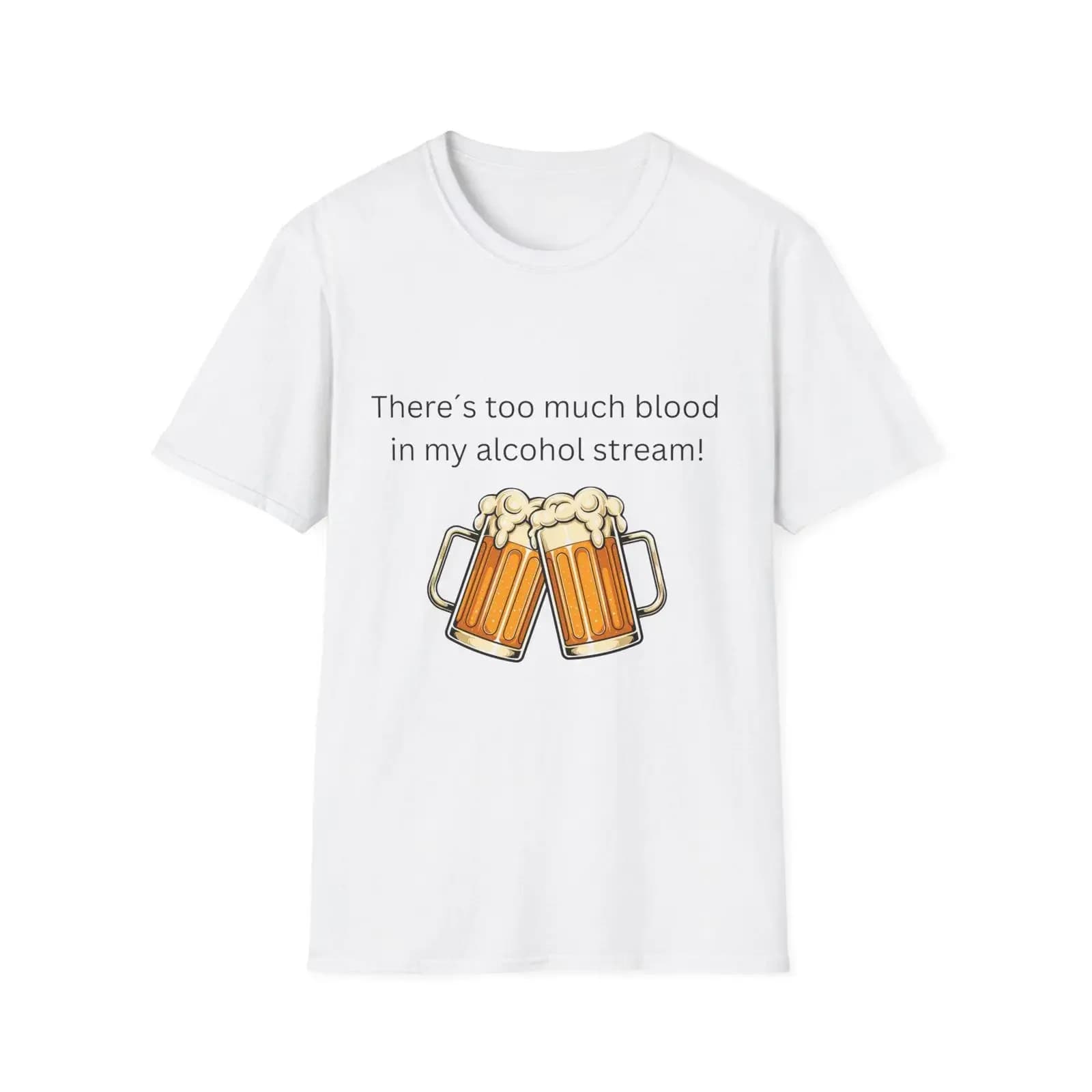 T-shirt divertente vintage con stampa 'Too Much Blood in My Alcohol Stream' e tazze da birra, effetto lavato, unisex, morbida, traspirante ed elasticizzata