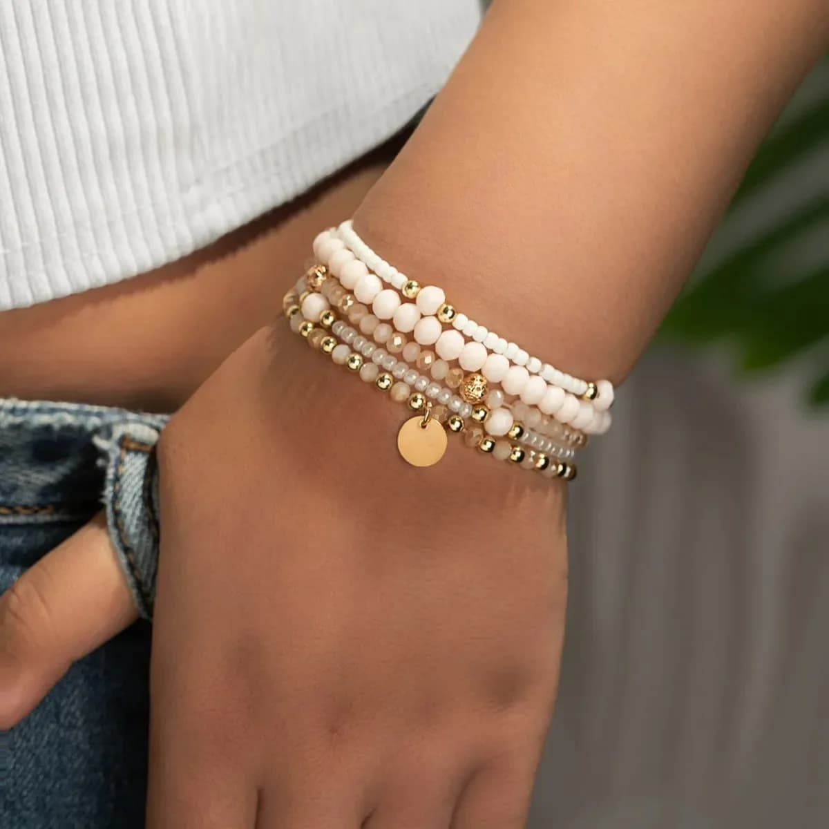 Set di 5 Braccialetti alla Moda con Perline in Resina per Donne, Bracciale Elastico con Perline Rotonde, Gioielli per Vacanze