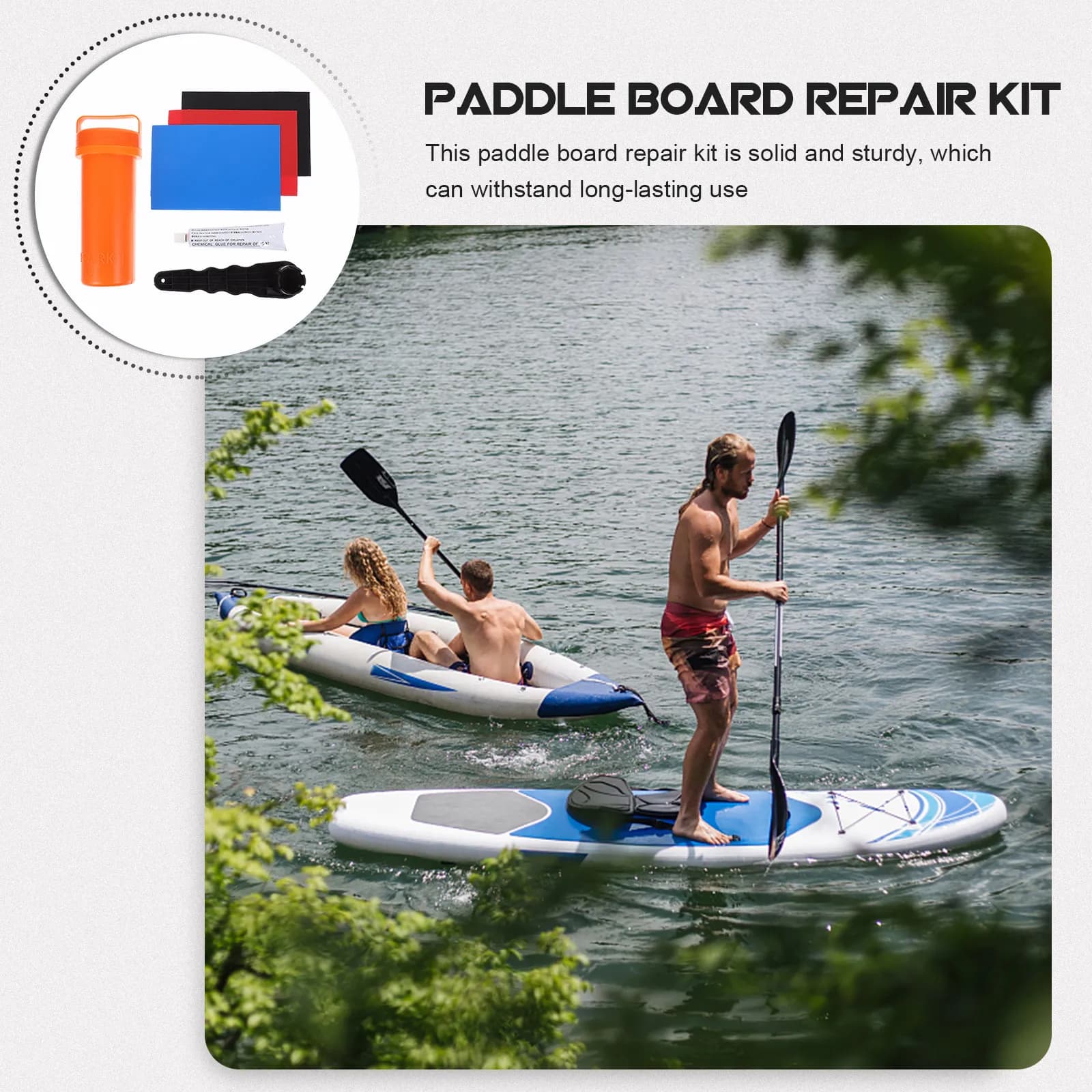 Kit di Riparazione per Paddle Board, Gommone, Tavola da Surf e Kayak - Accessorio Patch Durevole in PVC e ABS con Valvola Professionale per Gommoni