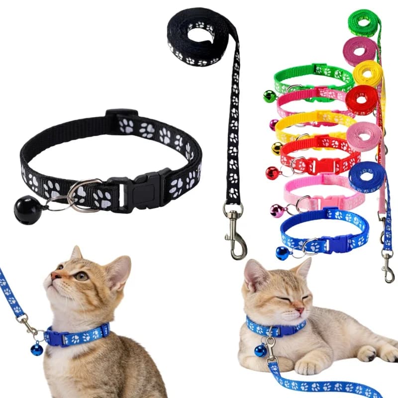 Bell Collar and Leash Set Cat Cartoon Paw Dog Collars Cat Accessories Kitten Collar Adjustable Bell Ring Dog Necklace Puppy Cat