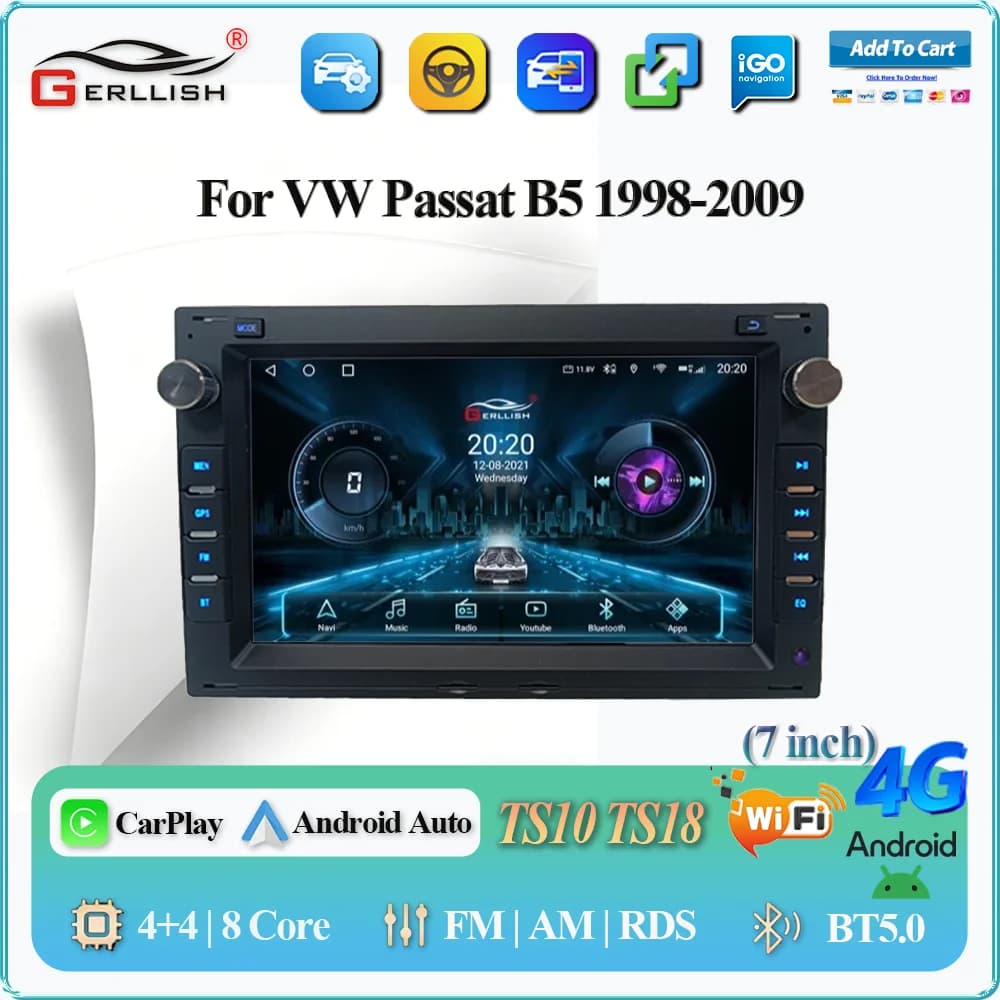 Lettore multimediale per autoradio Android 13 GPS da 7 pollici per VW Passat B5 IPS Lettore multimediale per auto nero con USB e Bluetooth