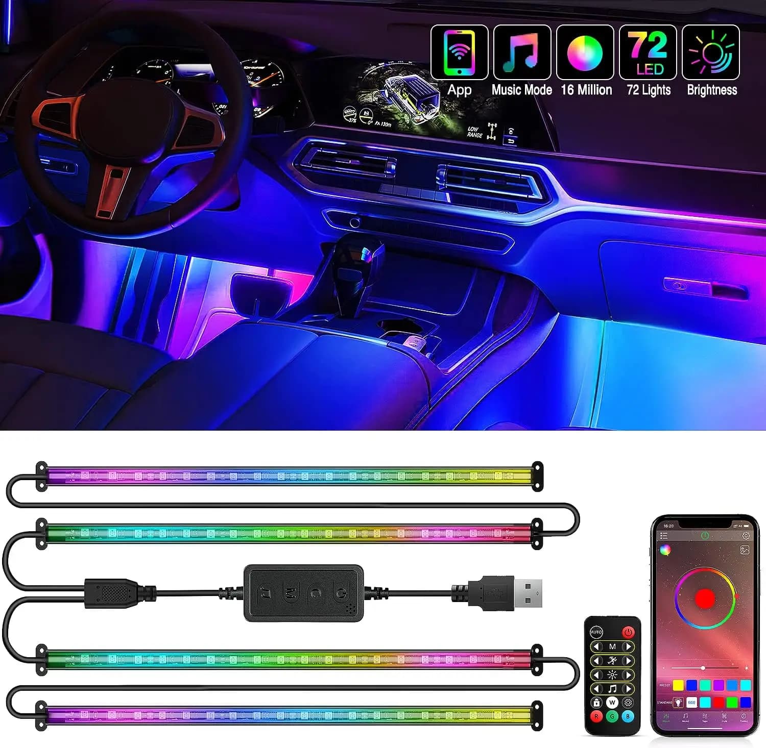 Luci a Striscia LED RGB USB da 72 LED per Interni con Telecomando Tramite App, Sincronizzazione Musicale per Auto e Camion