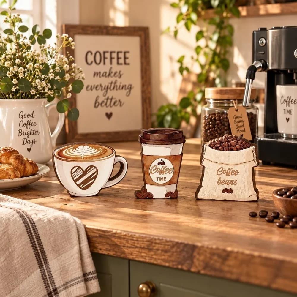 3 pcs Country style Desktop Ornament Coffee Cup Coffee Beans Decorative Wooden Board Retro Home Decoration