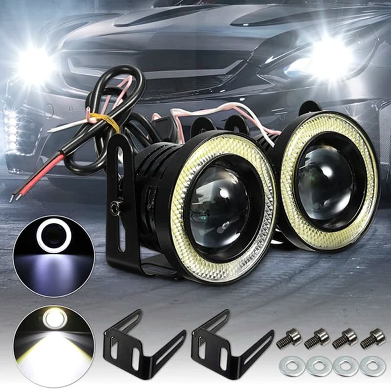 【F】Faro fendinebbia a LED COB bianco da 2,5'' 15W per auto con proiettore Angel Eyes e anello blu DRL