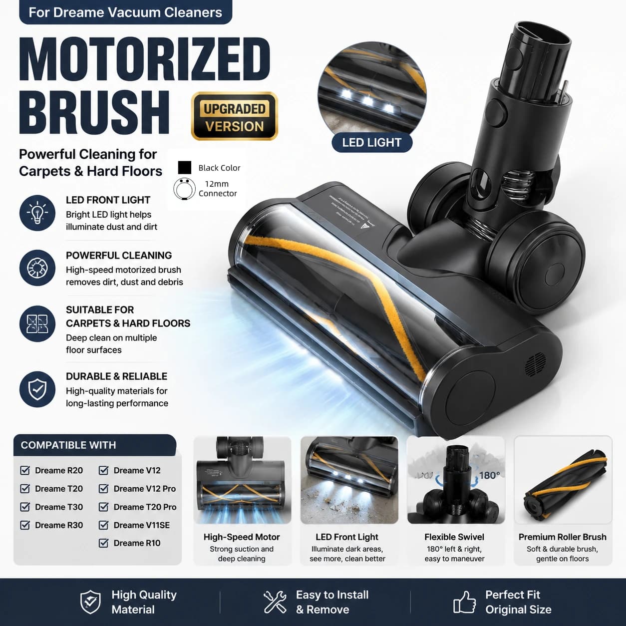 Vacuum Cleaner Motorized Brush Head With LED Part For Dreame R20 T20 T30 R30 V12 V12 Pro T20 Pro V11SE R10 Carpet Hard Floor