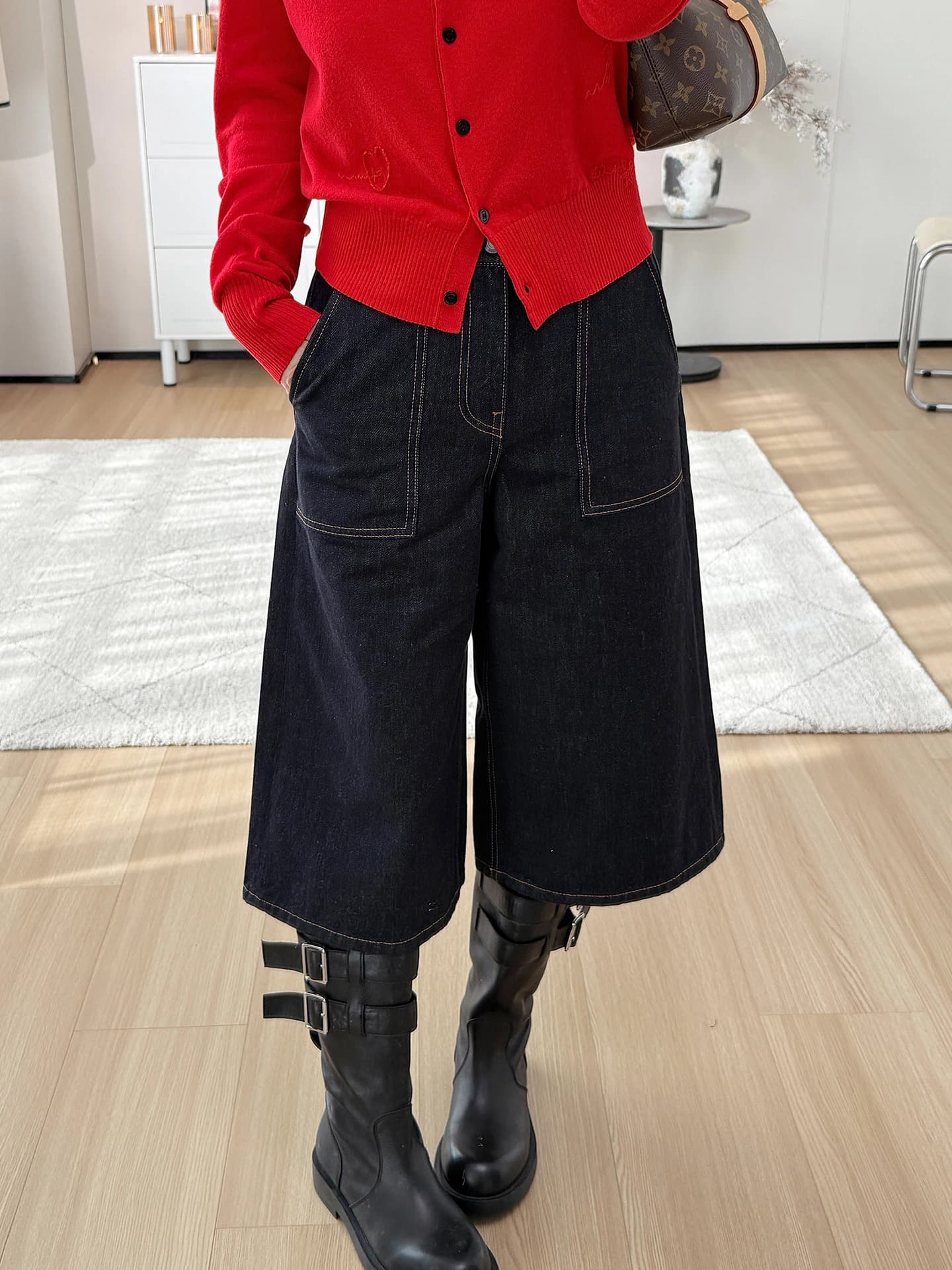 Deep Blue Regular Waist Wide Leg Seven-Foot Denim Jeans Women's Loose Fit Cotton Trousers by Fuyuan Fashion Spring 2026