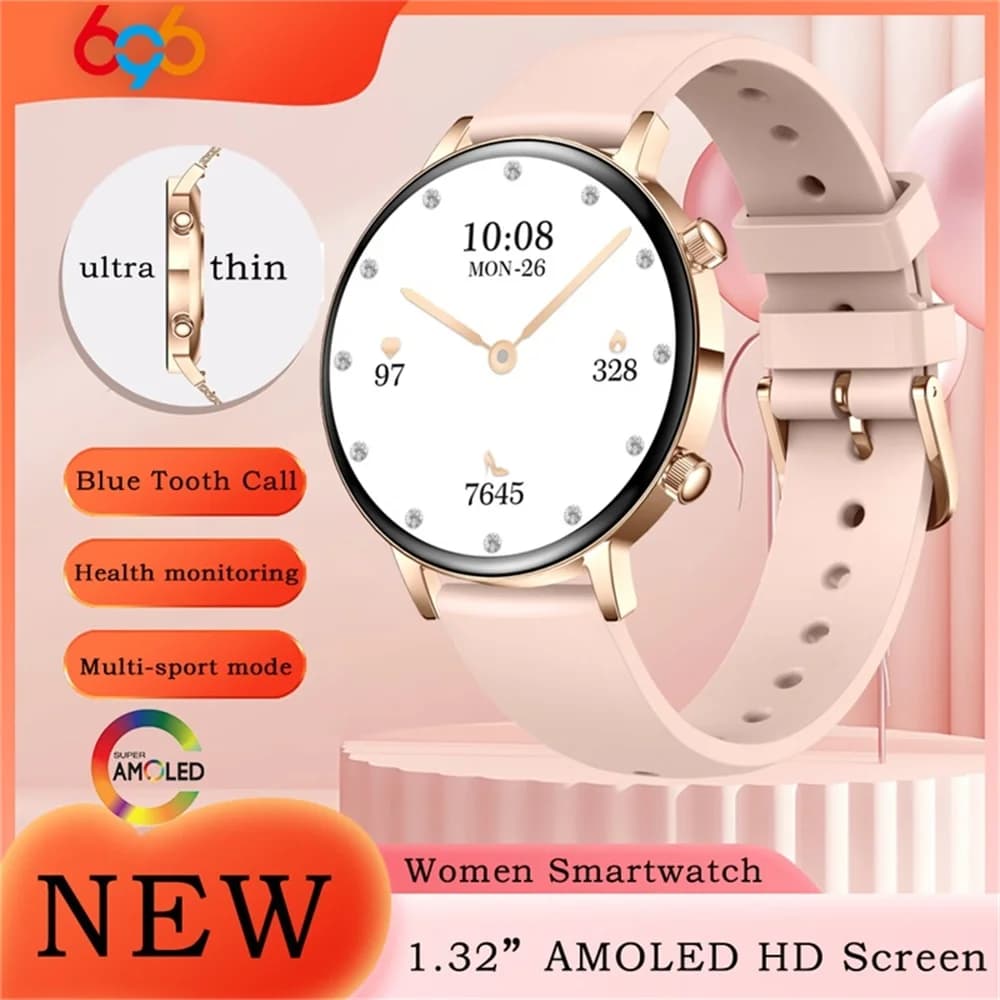 Smartwatch da Donna con Schermo AMOLED, Chiamate Bluetooth, Menu 3D, Monitoraggio Salute, Assistente Vocale, Funzioni Sportive, Impermeabile IP68