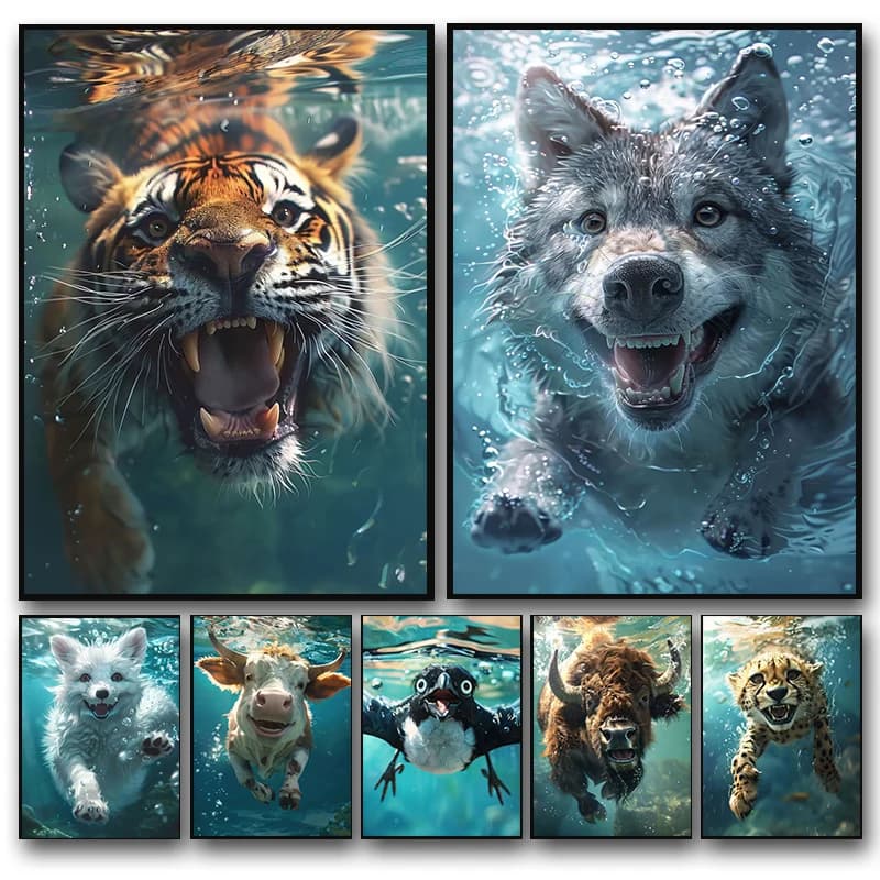 1pc frameless canvas painting Funny Wildlife Wolf Giraffe Lion Tiger Crocodile Diving Portrait Art Poster Animal Canvas Paint