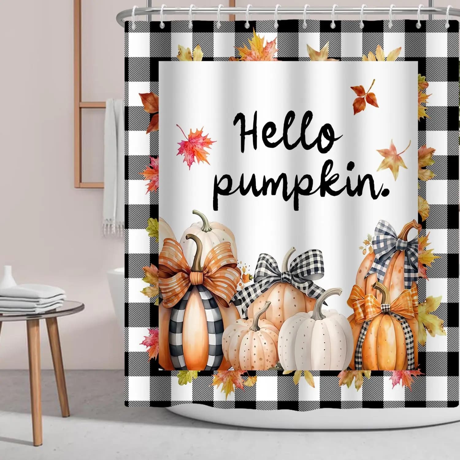 Tenda da doccia zucca autunnale Zucche di bufalo Zucche a pois Zucca Foglia d'acero Raccolta autunnale, Tenda da bagno in tessuto a quadri bianco nero