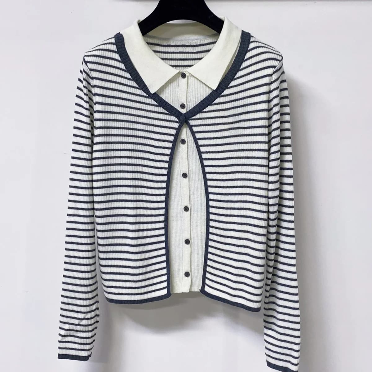 High Quality Women Polo Collar Striped Knit Long Sleeve Top Fake Two Piece Casual Knit Blouse lyt26723102