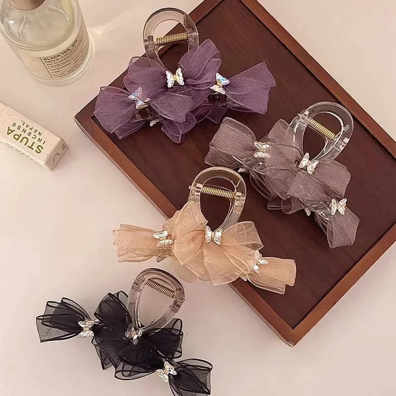 1pc super fairy Korean bow hair claw, exquisite rhinestone butterfly grip clip, temperament coil hair shark clip