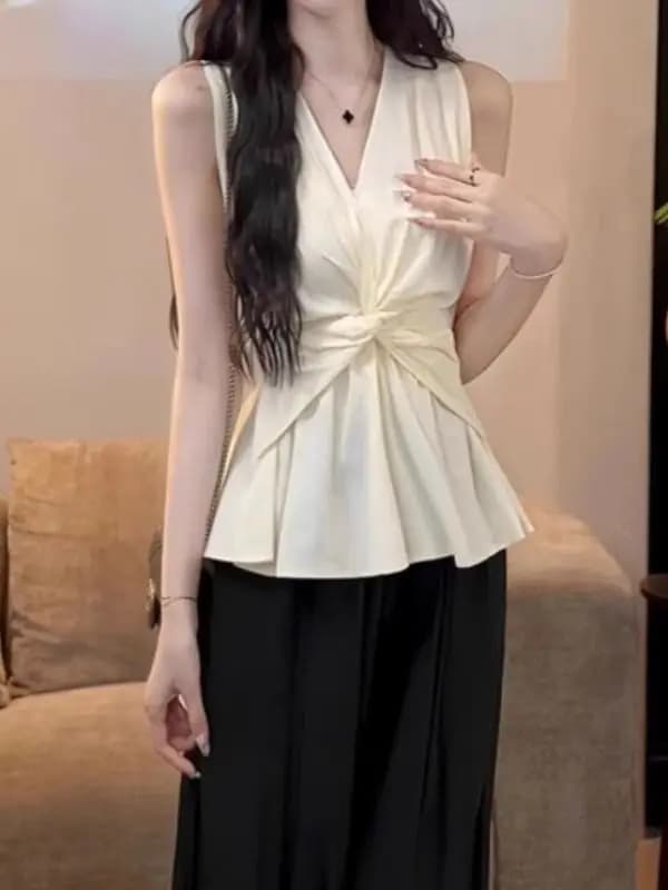 Sweet Lace Trim Knot Waist V Neck Sleeveless Vest Women Summer Pure Desire Trendy Sexy Slim Fit Top Korean Style Blouse