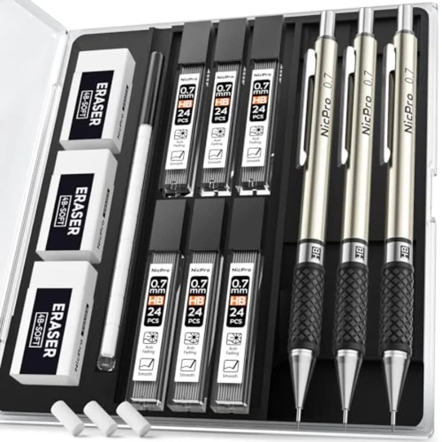 0.7 mm Art Mechanical Pencil Set in Storage Case, 3 PCS Metal Drafting Pencil Lead Pencil with 6 Tube HB Lead Refills, 3 Eraser