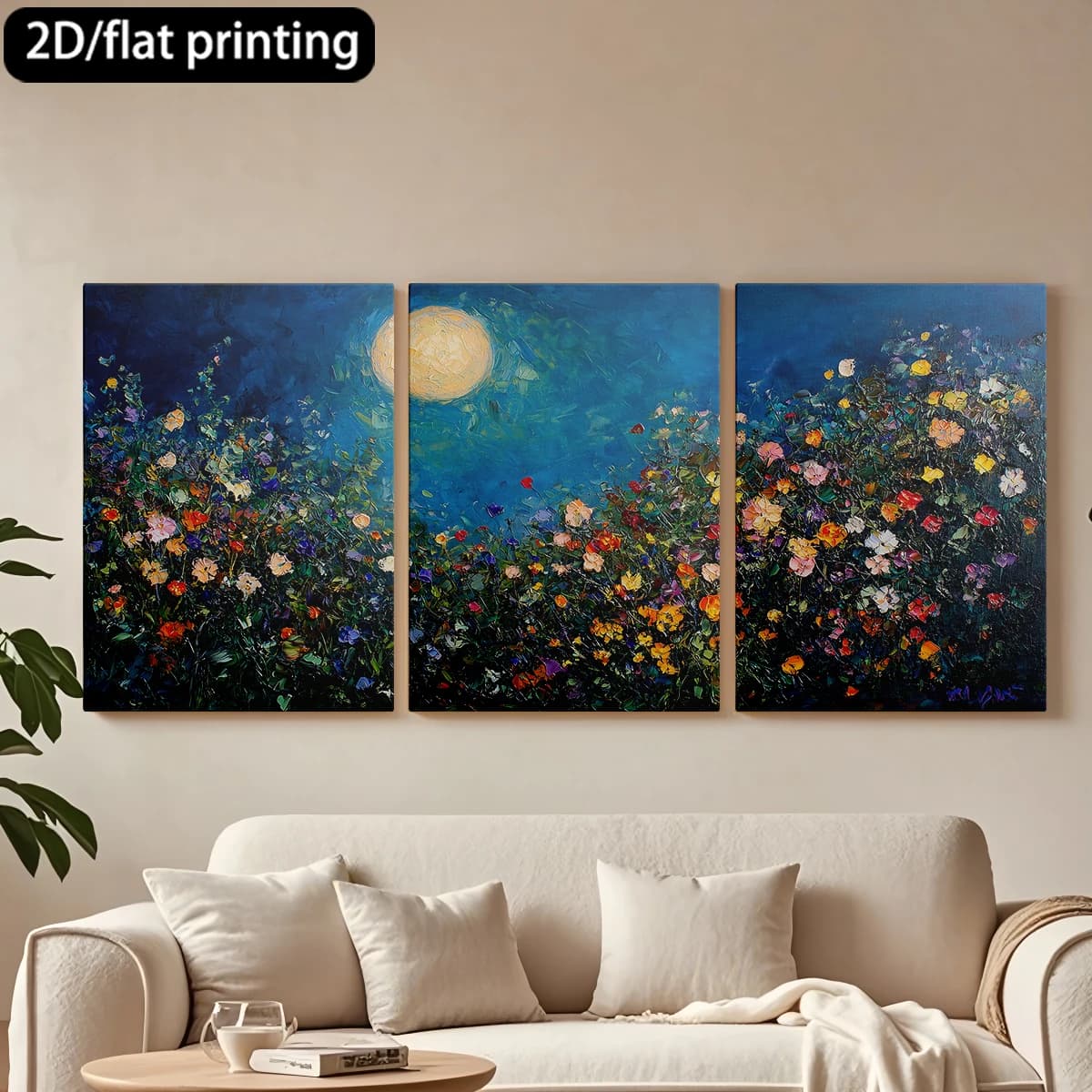 Dipinto decorativo su tela con cornice in legno, 3 pezzi. Scena al chiaro di luna, mare di fiori. Decorazione per corridoio e camera da letto.