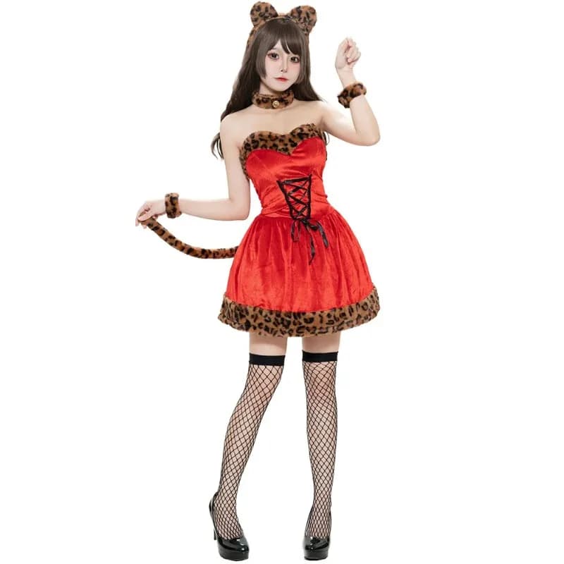 Abito soffice cosplay gatto con stampa leopardata di Natale per donna Abito natalizio per ragazze speziate con uniforme da festa di carnevale carino