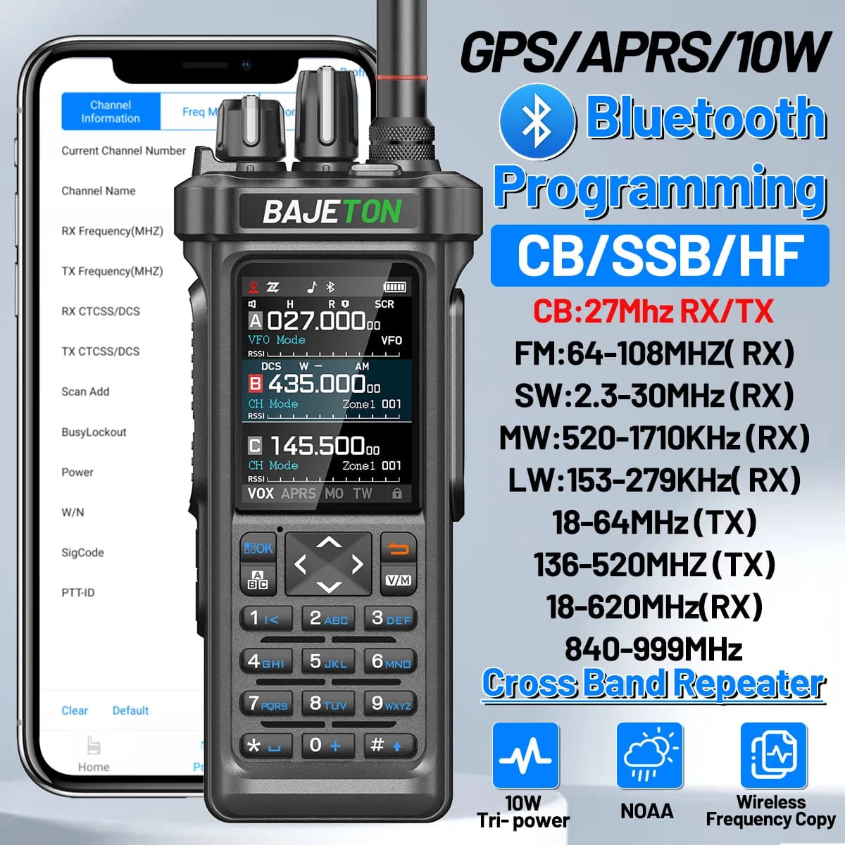 BAJETON BJ-9000 GPS APRS Walkie Talkie 10W CB 27Mhz CB/SSB/HF Programmazione Bluetooth NOAA Onde corte per RT-950PRO RT-950 Radio