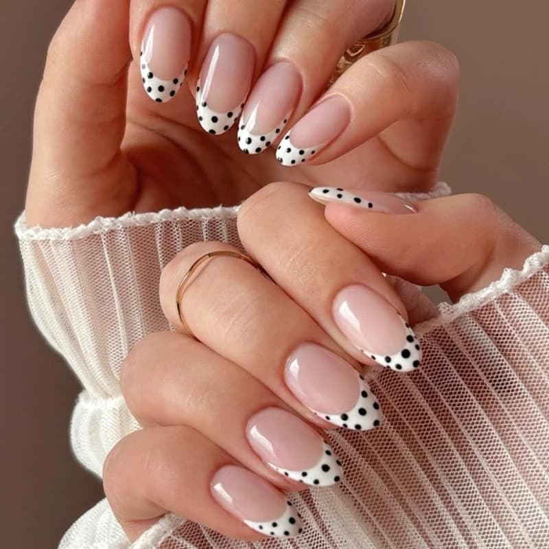 Simplicious Finte Black Nails with White Pois, French Style, Mandorla, Fashion, Ready to Use, Removable, Finished Nails, Press-on Nails