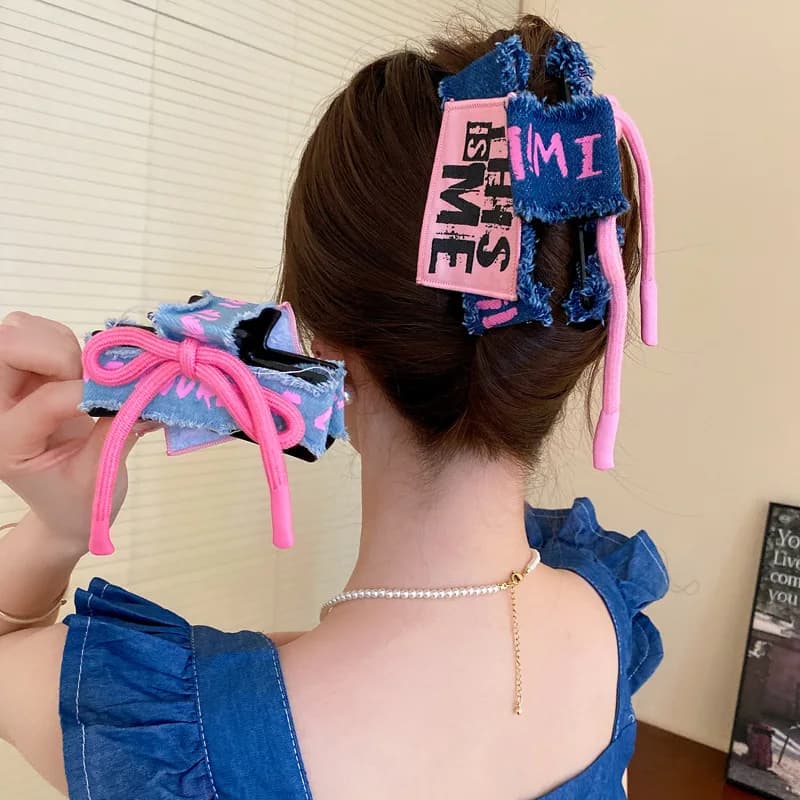 Sweet Cool Y2k Denim Shark Clip per capelli artiglio per le donne ragazze coreano asimmetrico Bowknot coda di cavallo mollette accessori per capelli regali
