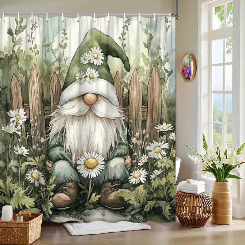 Tenda da doccia da giardino con gnomo e margherita - Recinzione rustica, Scena di fiabe, Gnomo con cappello verde, Margherite gialle, Poliestere, Decorazione da bagno rustica