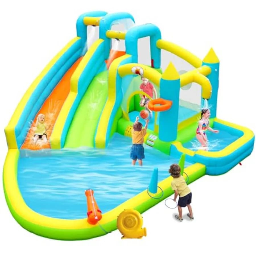Scivoli d'acqua gonfiabili doppi con soffiatore, castello gonfiabile per 5 persone dai 3-10 anni, piscina profonda blu, cannone ad acqua e gioco di basket inclusi