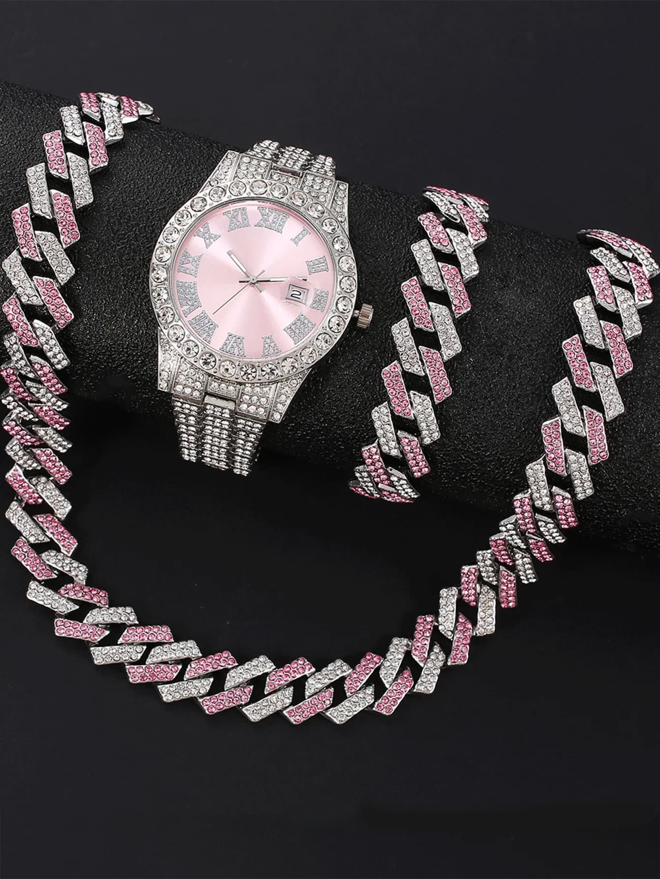 Set di diamanti da 3 pezzi Orologio al quarzo Orologio hip-hop Bracciale Collana Set Set regalo orologio alla moda