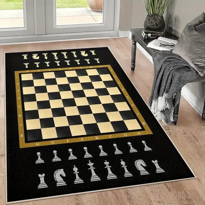 Tappeto di lusso per scacchiera in oro nero Tappeto a quadretti di alta qualità con modello classico di pezzi degli scacchi Regalo unico per la sala giochi