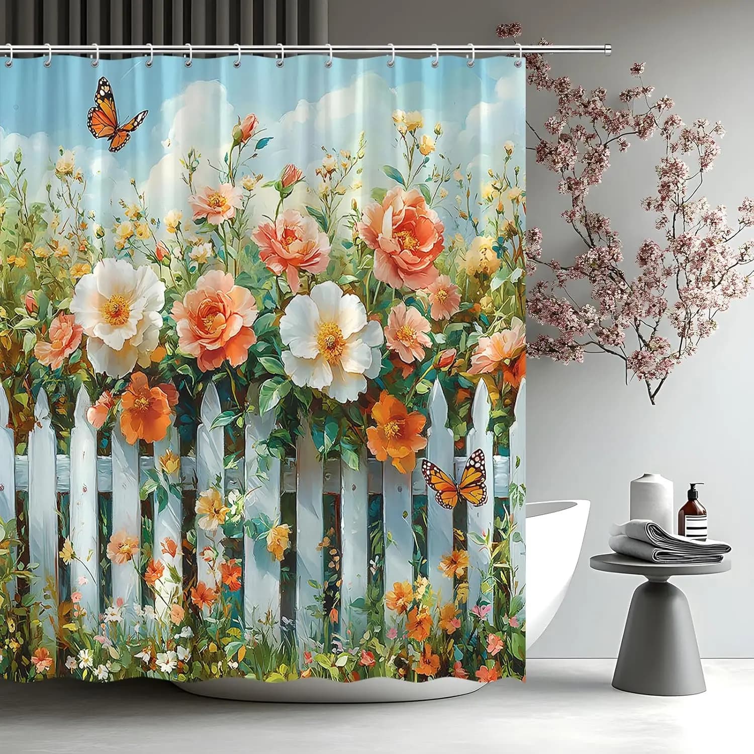 Colorful Flower Shower Curtain Spring Rustic Garden Fresh Floral Fence Nature Farmhouse Plant Polyester Bathroom Curtains