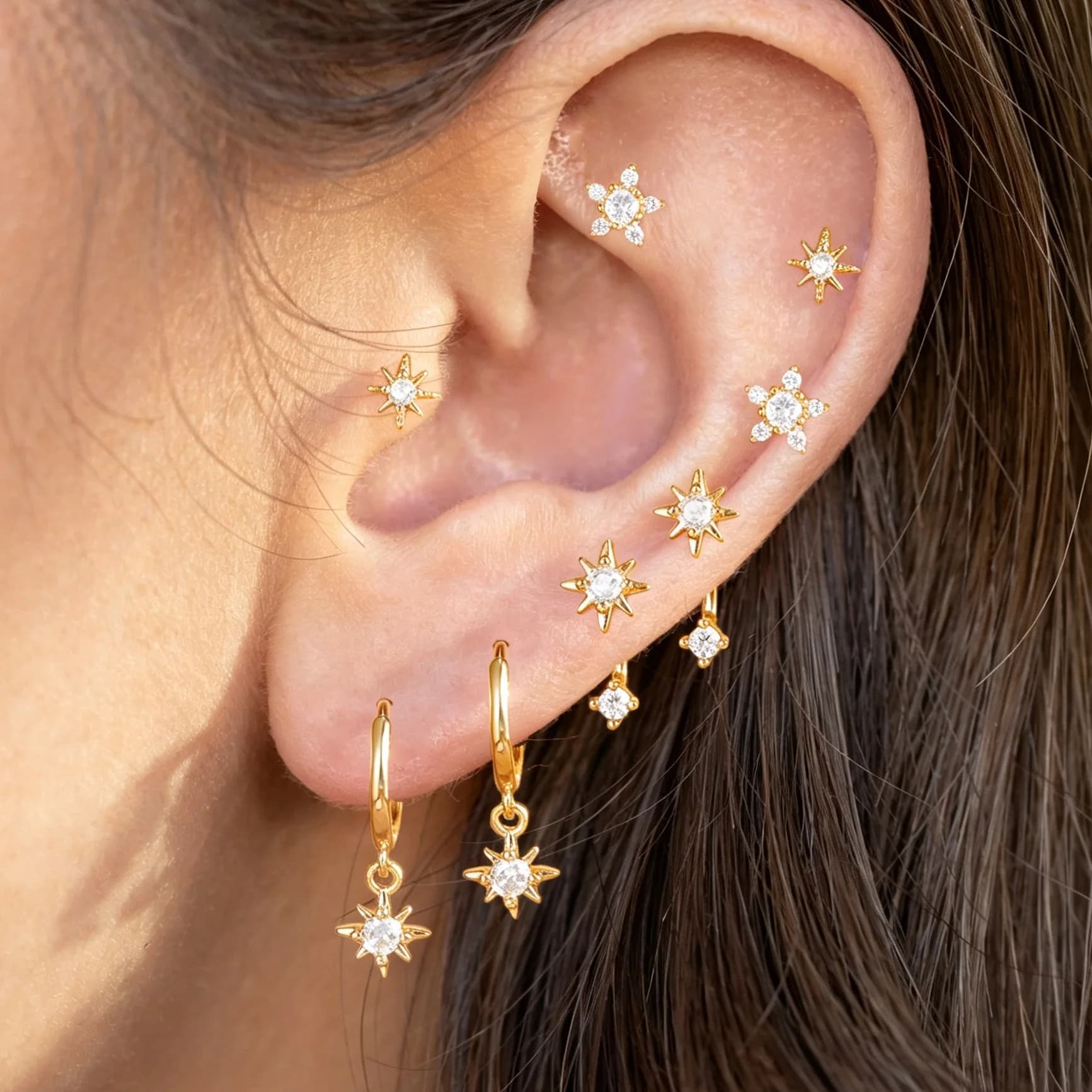 4PCS/8PCS Stainless Steel Shining Star Cubic Zircon Hoop Earrings Set For Women 14K Gold Plated Party Piercing Jewelry Gifts