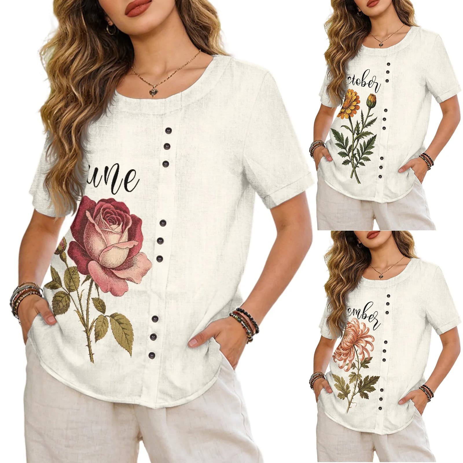 Women's Linen Short-Sleeved Shirt Creative Birthday Flowers Women's T-shirt Summer Casual Women's Round Neck Top Blouses S-3XL