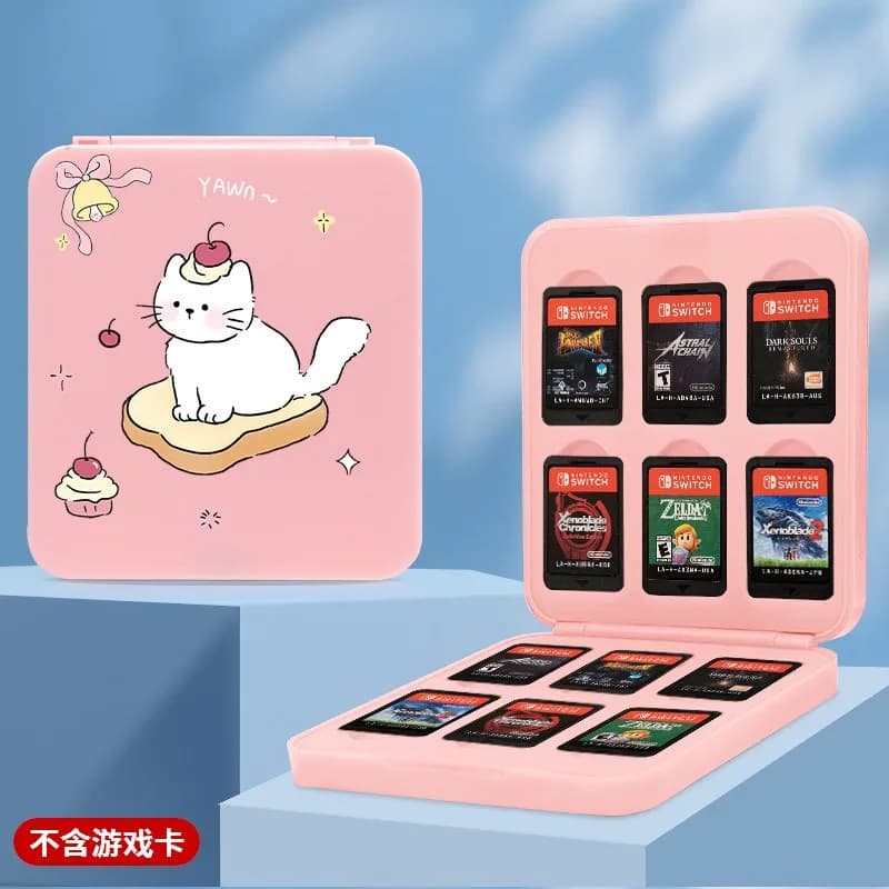 Cute Cartoon Cat Switch Game Card Case,12 Slots Portable Storage Box,Shockproof Anti-Drop Game Card Holder Console Accessories