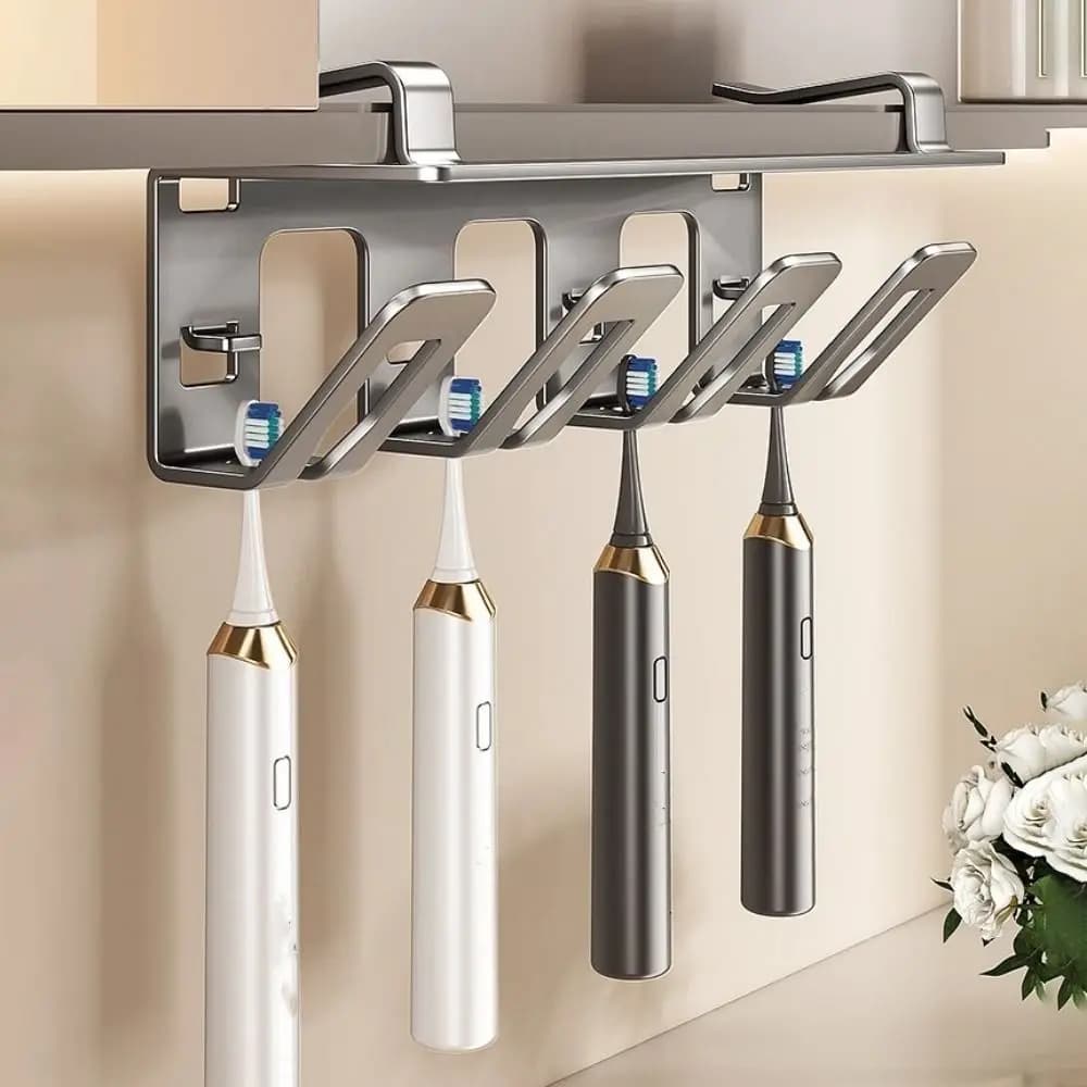 Carbon Steel Electric Toothbrush Holder Non-Perforated Removable Toothbrush Storage Rack Wall Mounted Space Saving