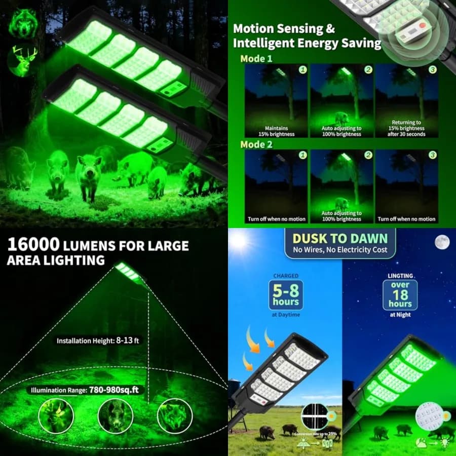 Luce per Caccia Notturna Verde Ultra Luminosa con Sensore di Movimento e Telecomando, Illuminazione per Alimentatori di Cinghiali, per Caccia a Cervi e Coyote
