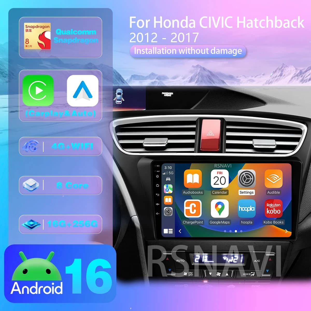 Android 16 For Honda CIVIC Hatchback 2012 - 2017 Carplay Screen Car Radio Multimedia Player Plug and Play 360 Camera Wireless