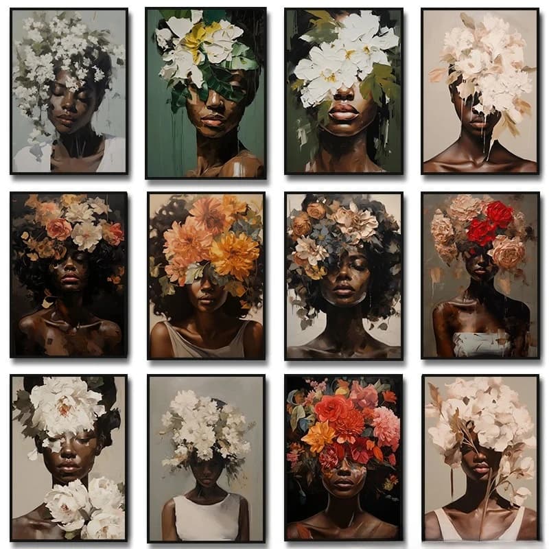 Black Woman with Blossom Peony Rose Lily Flower Wall Art Canvas Painting Modern Posters Prints Wall Picture Living Room Decor
