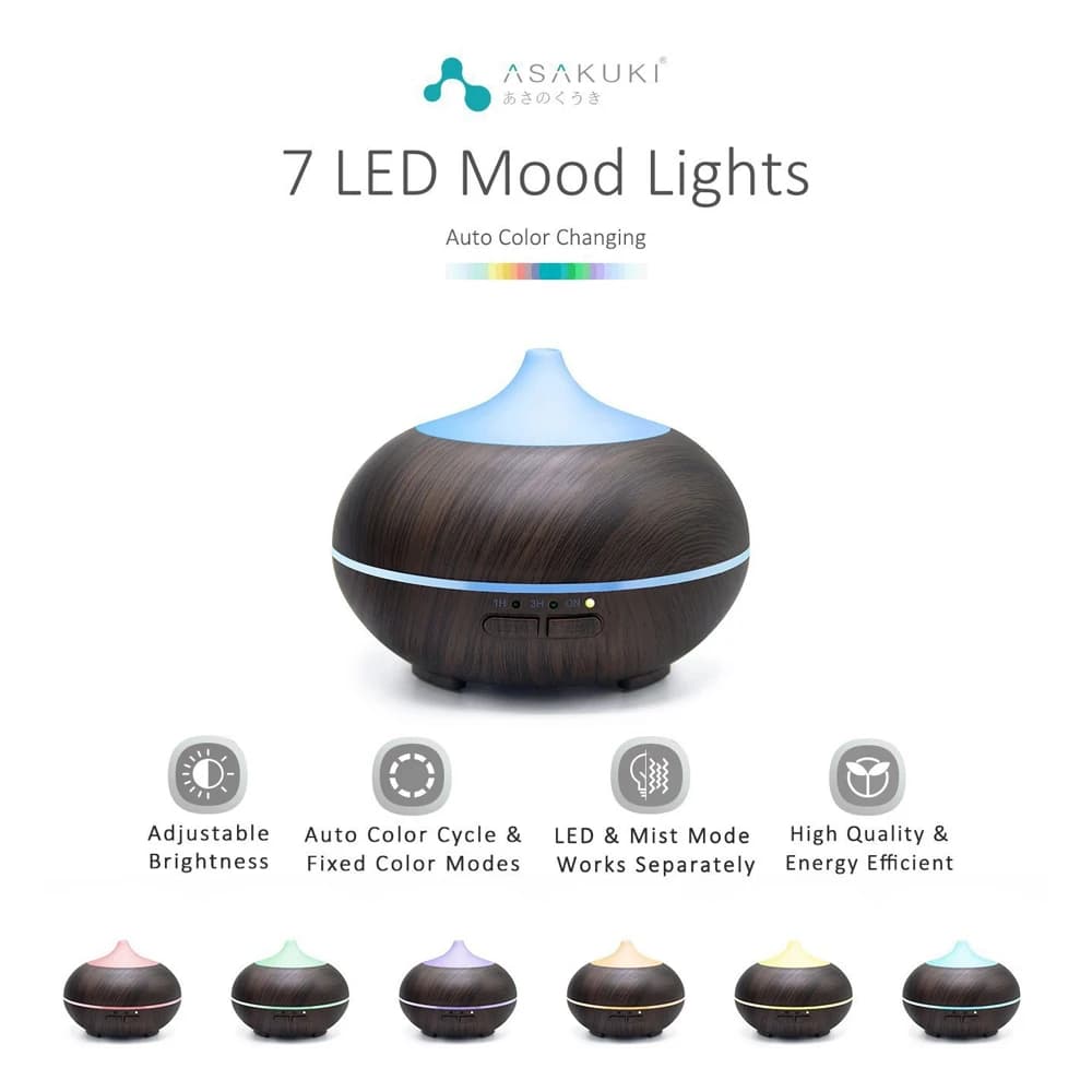 Diffusore per aromaterapia ad ultrasuoni con LED a 7 colori, 3 impostazioni di timer, umidificatore silenzioso per casa, ufficio, camera da letto, ambienti grandi