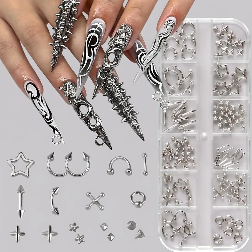 12 Silver Cross Nail Decoration Grills, 40 3D Punk Pieces Gothic with Alloy Rhinestones, Nail Art Decorations with Container Box