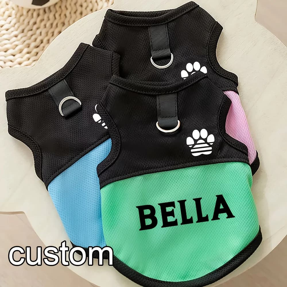 Pettorina Personalizzata in Rete per Cani e Gatti - Maglietta Traspirante Primavera/Estate con Stampa Zampa e Anello a D per Guinzaglio - Abbigliamento Personalizzato per Animali Domestici