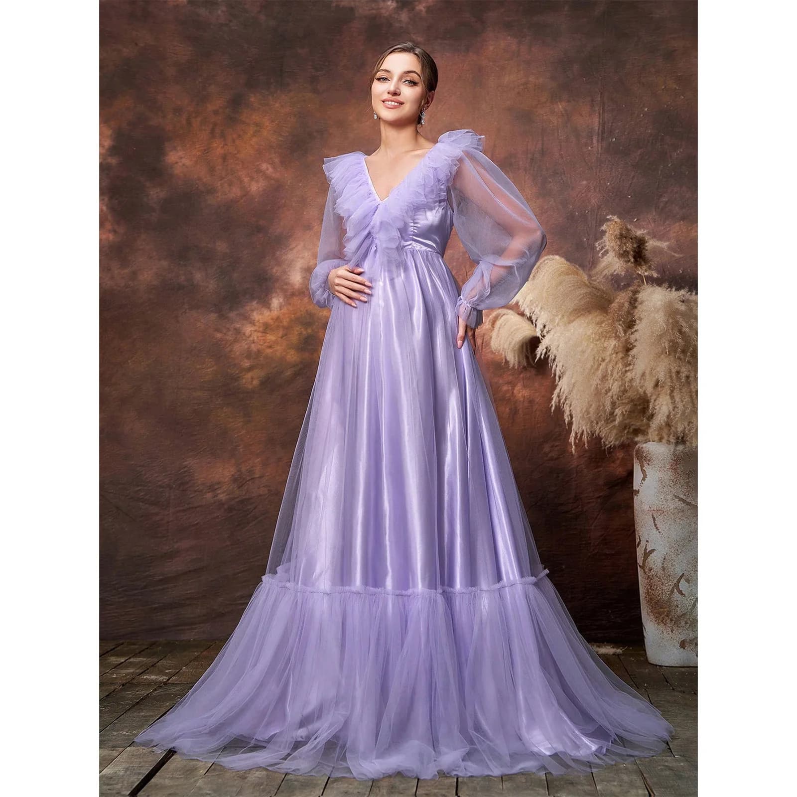 This maternity evening dress features a ruffled, deep V-neck mesh design, perfect for baby showers and maternity photoshoots.