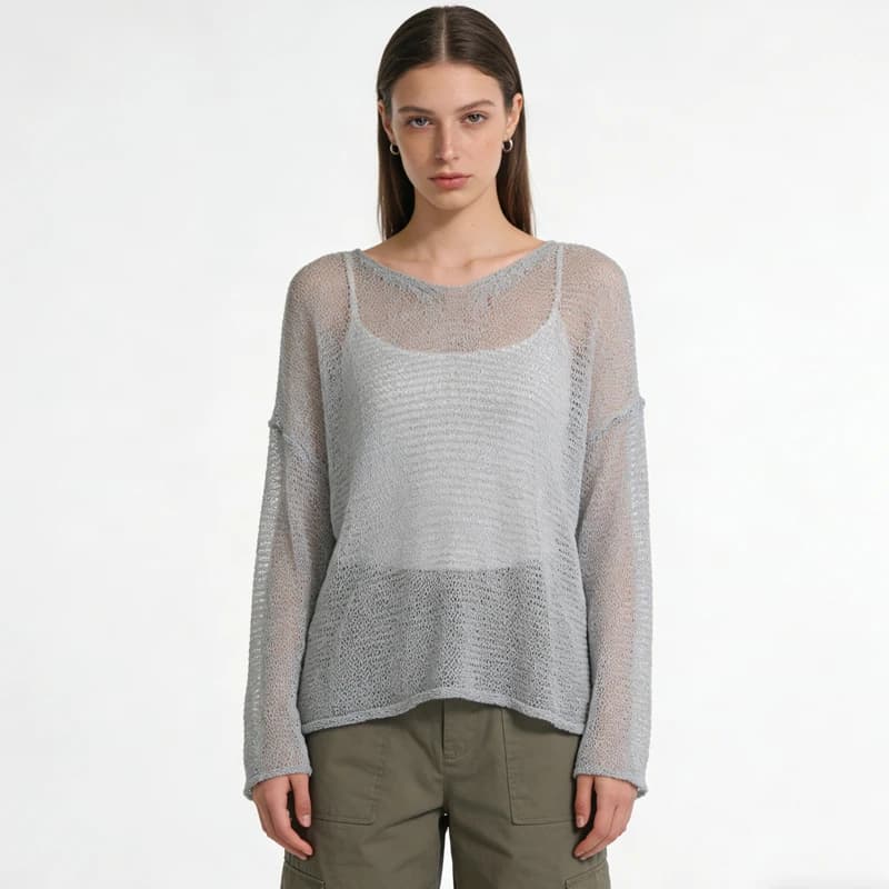 Blusa da donna primaverile/estiva in maglia a rete tinta unita, con maniche a campana, scollo a V, leggera, casual, pullover, top dolce e trasparente